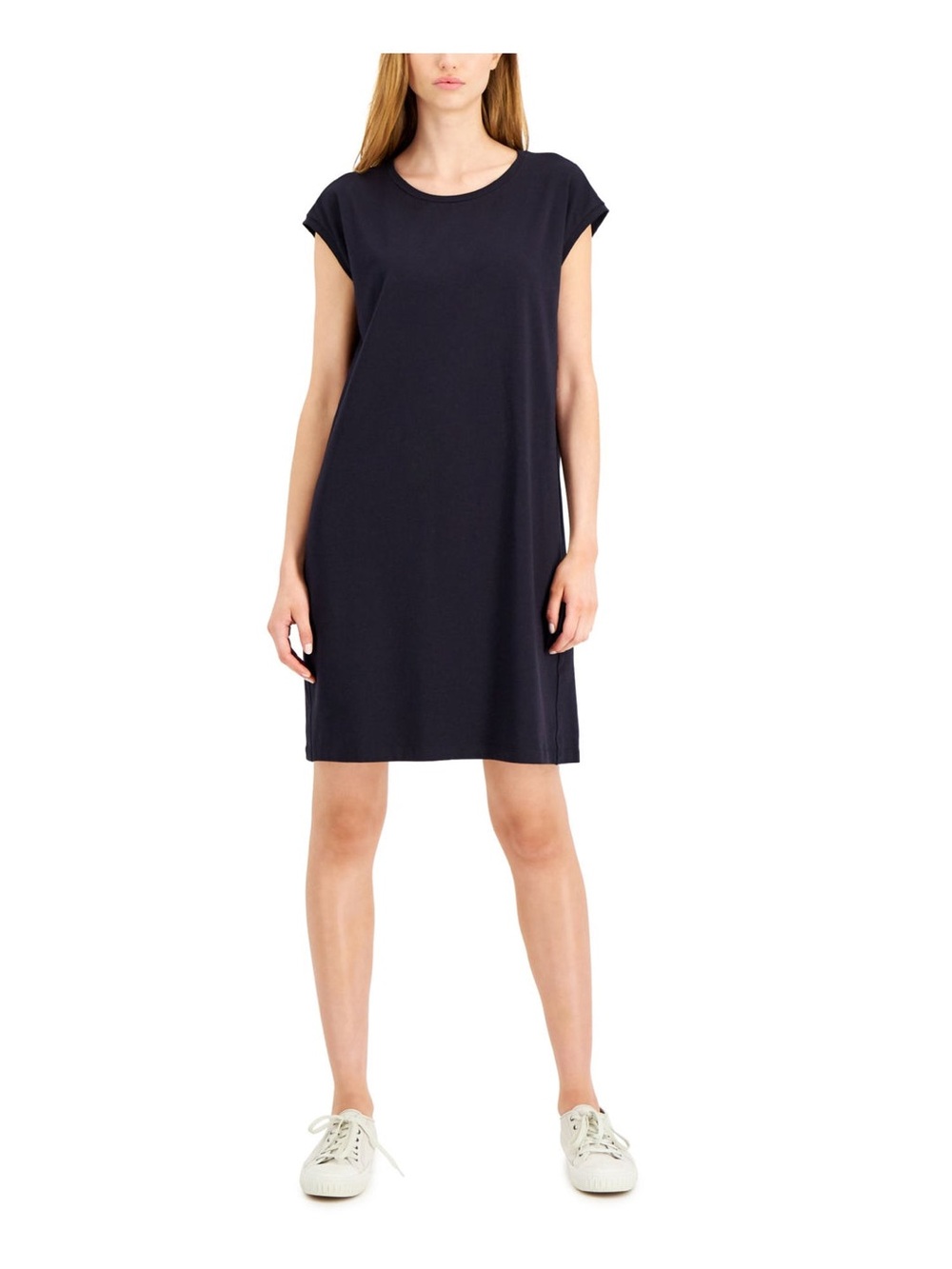Womens Navy Stretch Cap Sleeve Scoop Neck Short Shift Dress